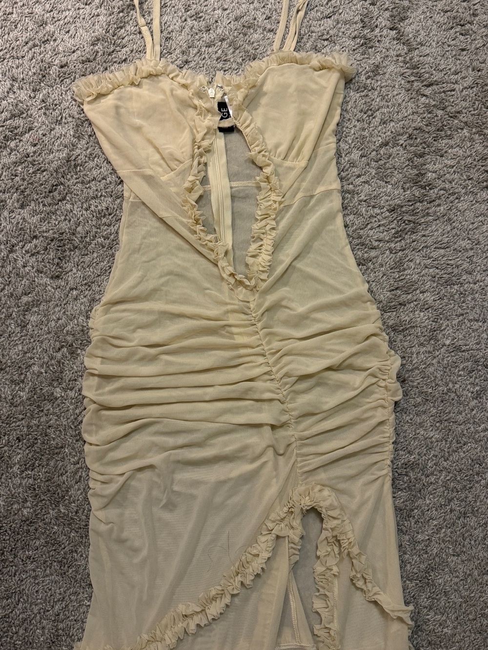 Sheer Ruffled Cream Ruched Slip Dress - Picture 4 of 4